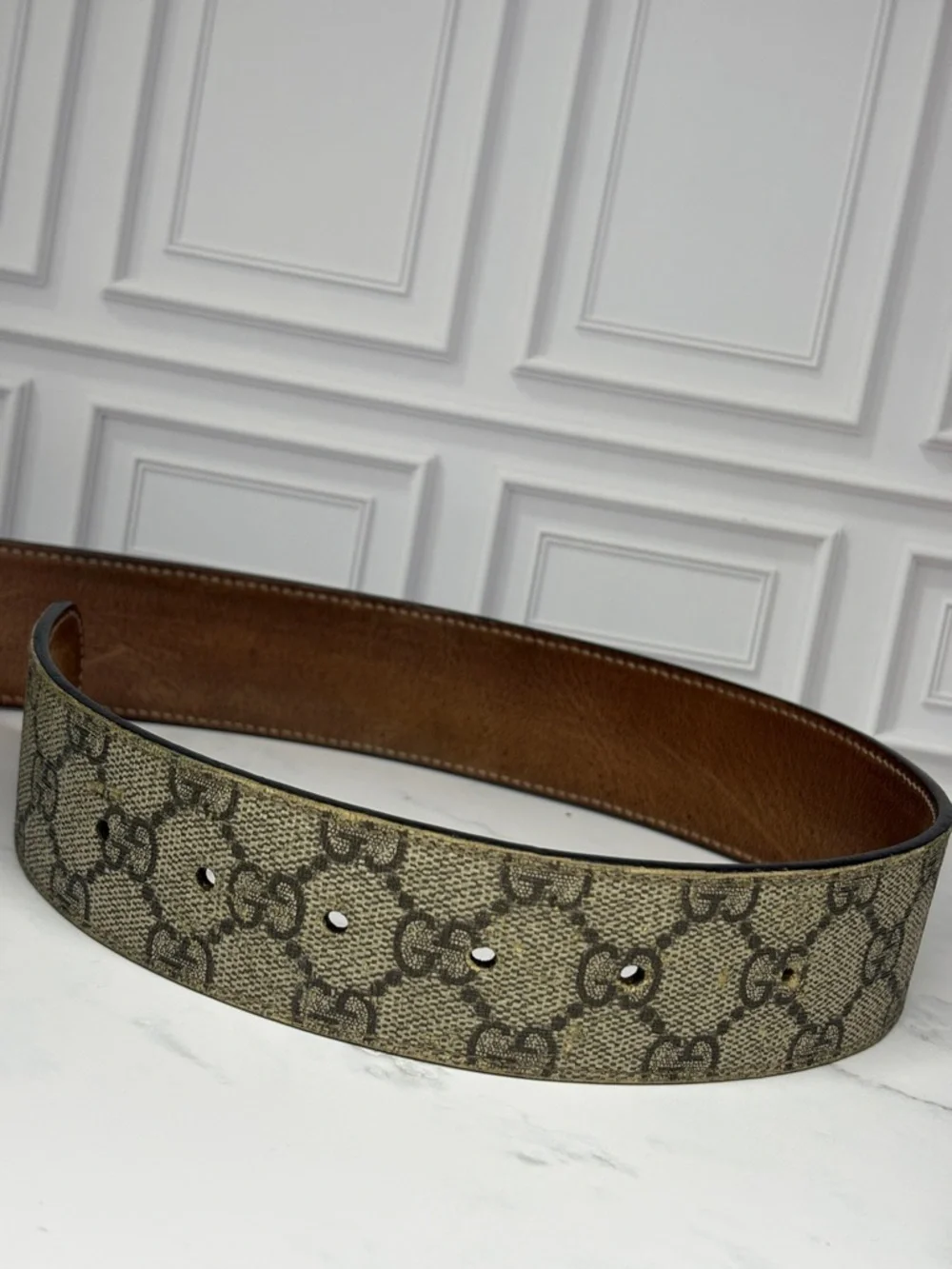 Gucci Beige/Brown GG Monogram Belt with Silver Double G Buckle